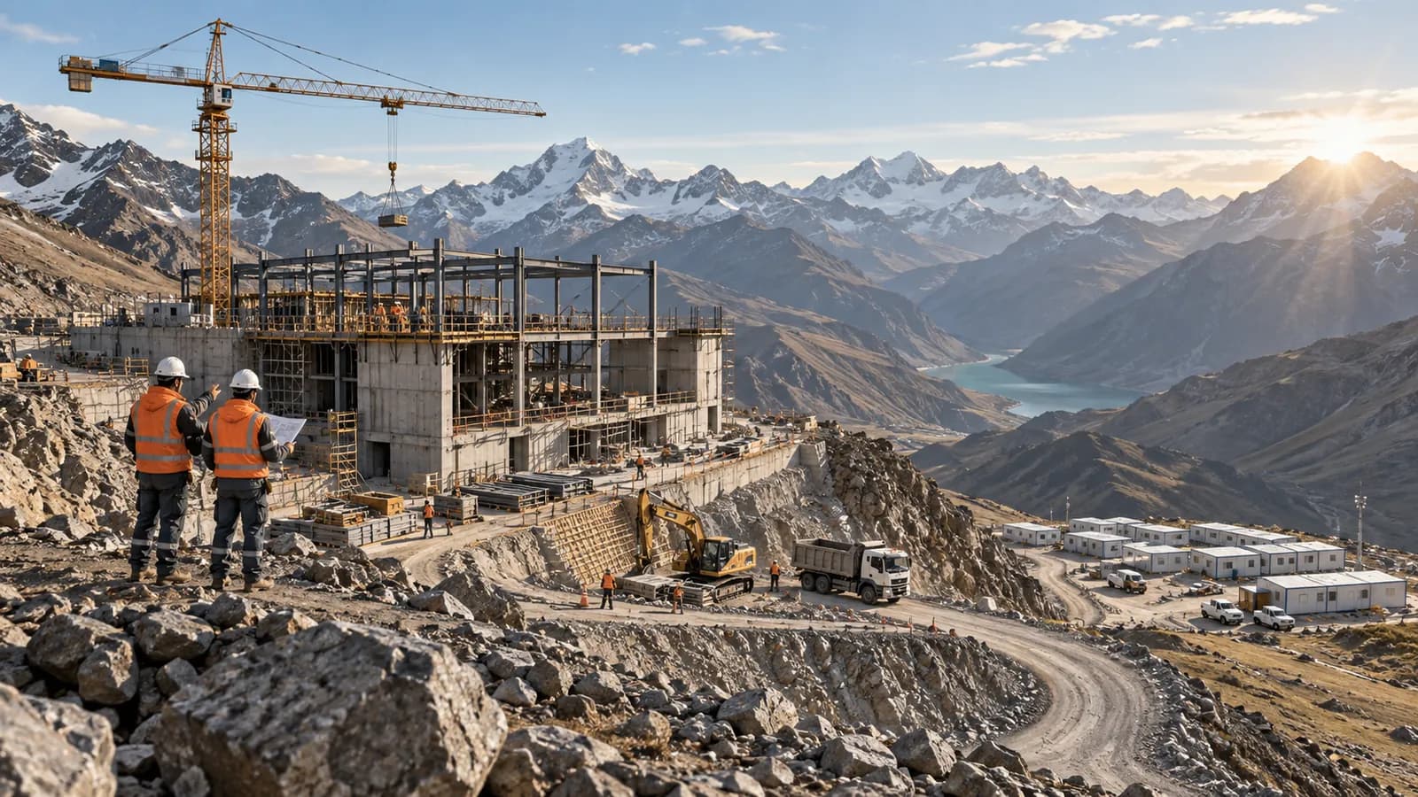 Ilustración de construcción minera en un entorno andino de gran altitud