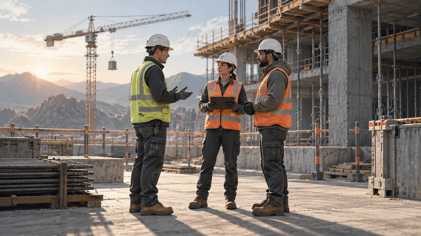 Ilustración de una reunión de seguridad antes de iniciar trabajos de construcción